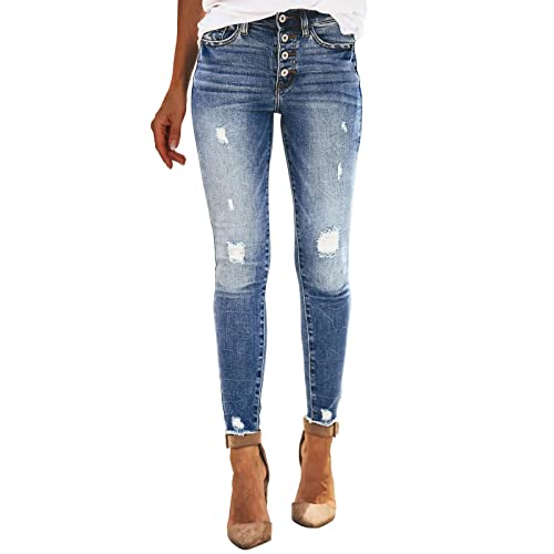Jeanshosen Damen mit Löcher Damen Dehnbare hoch taillierte Boyfriend-Jeans mit geradem Bein und ausgefransten -Denim-Hosen (B, M) von Serria