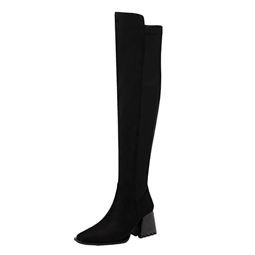 Overknee Stiefel Stretch Boots Frauen Kniehohe Stiefel Herbst und Winter Mode Farbblockierung Bequeme Karree Dicke Ferse Quadratische Ferse (#C-Black, 42) von Serria