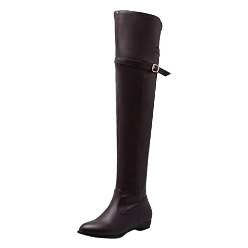 Overknee Stiefel Weitschaft Kniehohe Damenstiefel mit seitlichem Reißverschluss, flachem Boden und flachem Absatz im Herbst und Winter (#A-Brown, 40) von Serria