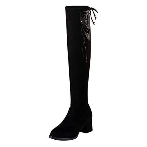 Overknee Stiefel Weitschaft einfarbig Flock Schmetterling Strass Chunky High Heel Stretch Overknee Stiefel (#D-Black, 42) von Serria