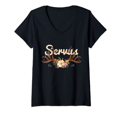 Damen Servus Hirsch Geweih Blumen Bayern Österreich Frauen Servus T-Shirt mit V-Ausschnitt von Servus Hirsch