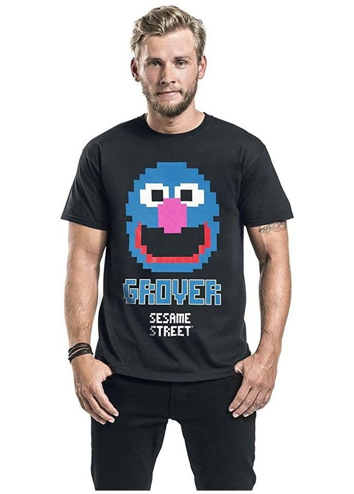 Sesamstrasse Print-Shirt Sesamstraße Grover 8 Bit Männer Grobi T-Shirt schwarz Fan-Merch, TV-Serien S M L XL XXL von Sesamstrasse