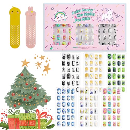 144Pcs Kids Press on Nails Children Girls Press on Short Artificial Fake Nails No fading Stable Quick Stick on Cute Pre Glue Full Cover Acrylic Nail Tip Kit Gift for Kids Nail Decoration (Kitty Cat) von SeseBee