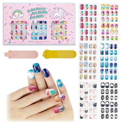 144 Stück Aufklebbare Nägel Für Kinder Acryl Falsche Nägel Vorglueckliche Vollabdeckung Glitzer Farbverlauf Herz Katze Kurze Falsche Nagelkunst Kits Sets Valentinstagsgeschenke Für Kinder Mädchen von SeseBee