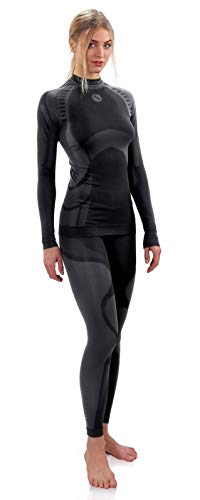 sesto senso Damen Funktionsunterwäsche Set Langarm Shirt Lange Unterhose Sportunterwäsche Thermoaktiv S Grau Schwarz Set von sesto senso