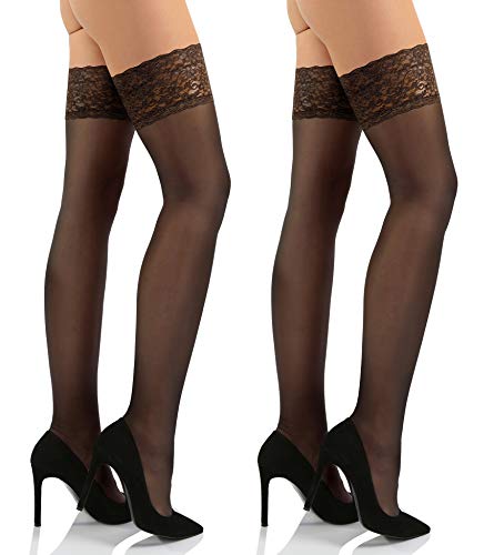 sesto senso Halterlose Strümpfe mit Spitze 2er Pack 15 DEN Feinstrümpfe Damen 1/2 XS/S Schwarz von sesto senso