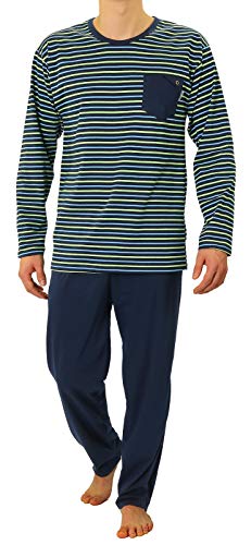 sesto senso Herren Schlafanzug Gestreift Lang Pyjama 100% Baumwolle Langarm Shirt mit Tasche Pyjamahose Nachtwäsche Blau Grün Dunkelblau XXL 02 K76L von sesto senso