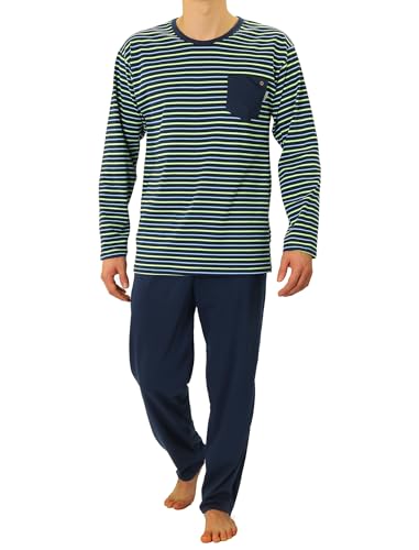 sesto senso Herren Schlafanzug Gestreift Lang Pyjama 100% Baumwolle Langarm Shirt mit Tasche Pyjamahose Nachtwäsche Blau Grün Dunkelblau XXL 02 K76L von sesto senso