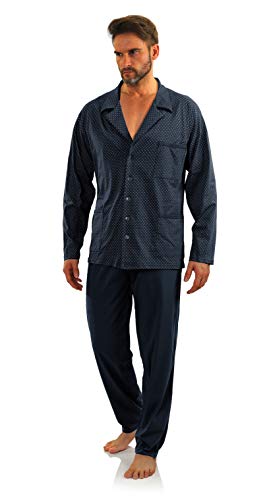 sesto senso Herren Schlafanzug Lang Pyjama Knopfleiste 100% Baumwolle Knöpfe Langarm Shirt Taschen Pyjamahose Zweiteilig Set Nachtwäsche L Anker dunkelblau von sesto senso