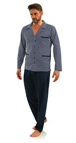 sesto senso Herren Schlafanzug Lang Pyjama Knopfleiste 100% Baumwolle Knöpfe Langarm Shirt Taschen Pyjamahose Zweiteilig Set Nachtwäsche M 2281-01 dunkelblau von sesto senso