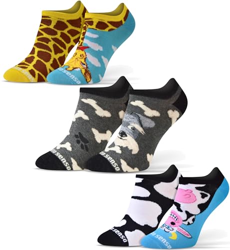 sesto senso Lustige Sneaker Socken Baumwolle Bunte Füßlinge Damen Herren 3 Paar Funny Socks Hund Kuh Giraffe 43-46 3 Tiere von sesto senso