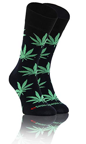 sesto senso Lustige Baumwolle Socken Damen Herren Bunte Ungleiche Funny Socks Marihuana Blätter 39-42 Blatt Dunkel Blau Grün von sesto senso