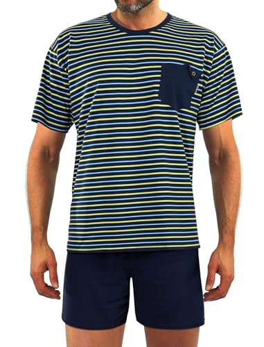 sesto senso Herren Schlafanzug Kurz Gestreift Pyjama Baumwolle Kurzarm T-Shirt Pyjamahose Zweiteilig Set Grün Weiß L 05 K67L von sesto senso
