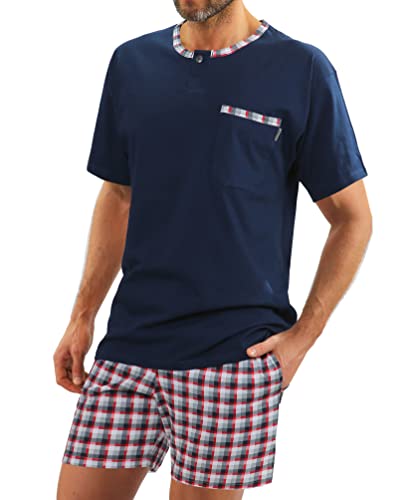 sesto senso Herren Schlafanzug Kurz Pyjama Baumwolle Kurzarm T-Shirt Pyjamahose Zweiteilig Set Navy blau M Jasiek Granat von sesto senso