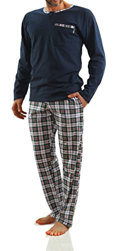 sesto senso Herren Schlafanzug Lang Baumwolle Pyjama Langarm Shirt mit Tasche Pyjamahose Zweiteilig Set Bunt Nachtwäsche L Dunkel Blau von sesto senso