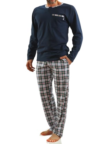 sesto senso Herren Schlafanzug Lang Baumwolle Pyjama Langarm Shirt mit Tasche Pyjamahose Zweiteilig Set Bunt Nachtwäsche L Dunkel Blau von sesto senso