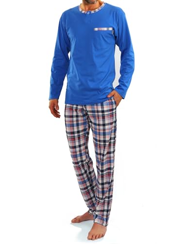 sesto senso Herren Schlafanzug Lang Pyjama 100% Baumwolle Langarm Shirt mit Tasche Pyjamahose Zweiteilig Set Nachtwäsche Blau Kariert XL Jasiek 2243/09 von sesto senso