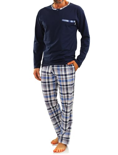 sesto senso Herren Schlafanzug Lang Pyjama 100% Baumwolle Langarm Shirt mit Tasche Pyjamahose Zweiteilig Set Nachtwäsche Dunkelblau Blau Kariert XXL Jasiek 2188/17 von sesto senso