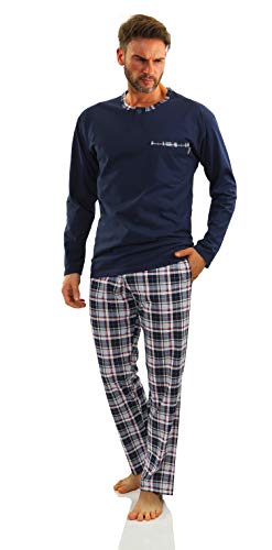 sesto senso Herren Schlafanzug Lang Pyjama 100% Baumwolle Langarm Shirt mit Tasche Pyjamahose Zweiteilig Set Nachtwäsche Dunkelblau Kariert L Jasiek 2188/06 von sesto senso