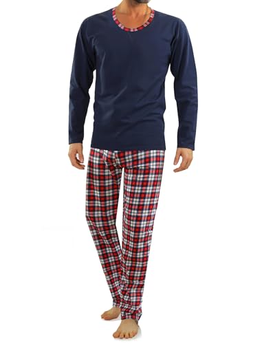 sesto senso Herren Schlafanzug Lang Pyjama 100% Baumwolle Langarm Shirt mit Tasche Pyjamahose Zweiteilig Set Nachtwäsche Dunkelblau Navy blau Kariert L Granat WALDI von sesto senso