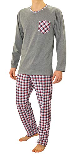 sesto senso Herren Schlafanzug Lang Pyjama 100% Baumwolle Langarm Shirt mit Tasche Pyjamahose Zweiteilig Set Nachtwäsche Grau Rot Kariert M 04 Bordo von sesto senso