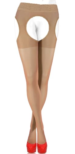 sesto senso Hosenträger Strumpfhose mit offenem Schritt 15 Den Spitze Strumpfband Gürtel Strümpfe 2 S Hell Beige von sesto senso