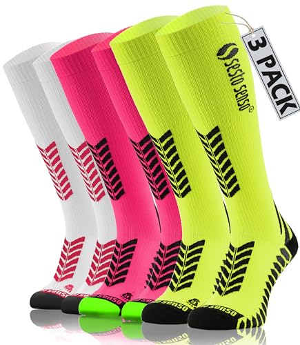 sesto senso 3 Paar Kompressionsstrümpfe Sport Damen Herren Bunt Hohe Sportsocken Laufsocken Rosa Gelb Weiß 35-38 3 pack PWY von sesto senso