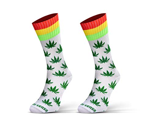 sesto senso Lustige Baumwolle Socken Damen Herren Bunte Ungleiche Funny Socks Marihuana Blätter 35-38 Blatt Weiß Grün von sesto senso