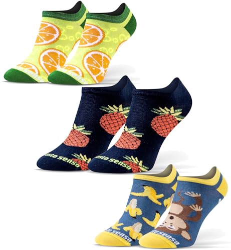 sesto senso Lustige Sneaker Socken Baumwolle Bunte Füßlinge Damen Herren 3 Paar Funny Socks Banane Ananas Zitrone orange obst 43-46 3 Früchte von sesto senso