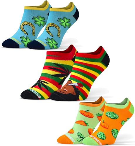 sesto senso Lustige Sneaker Socken Baumwolle Bunte Füßlinge Damen Herren 3 Paar Funny Socks Gemüse Kleeblatt Hufeisen Marihuana Rasta 39-42 3 Glück von sesto senso