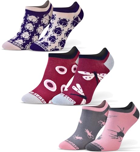 sesto senso Lustige Sneaker Socken Baumwolle Bunte Füßlinge Damen Herren 3 Paar Funny Socks Libelle Stubenfliege Maikäfer 39-42 3 Würmer von sesto senso