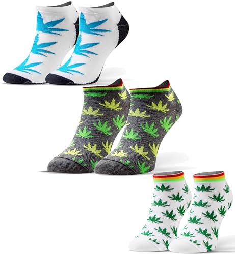 sesto senso Lustige Sneaker Socken Baumwolle Bunte Füßlinge Damen Herren 3 Paar Funny Socks Marihuana 39-42 3 Blätter von sesto senso