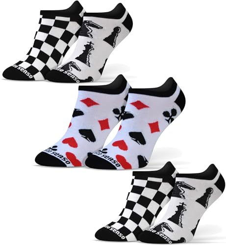 sesto senso Lustige Sneaker Socken Baumwolle Bunte Füßlinge Damen Herren 3 Paar Funny Socks Schach Spielkarten 39-42 3 Spielen & Spaß von sesto senso