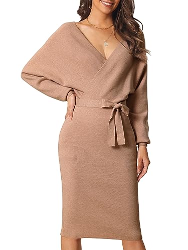 Seta T Dame Pulloverkleid Tiefem V-Ausschnitt Wickel Laternenärmeln Figurbetontem Gürtel Kleid Khaki M von Seta T