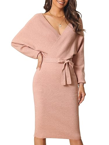 Seta T Dame Pulloverkleid Tiefem V-Ausschnitt Wickel Laternenärmeln Figurbetontem Gürtel Kleid Rosa M von Seta T