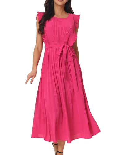 Seta T Damen Ärmellos Lässig Midikleid Rüschen Rundhalsausschnitt Plissiert Gürtel Sommer Kleid Pink L von Seta T