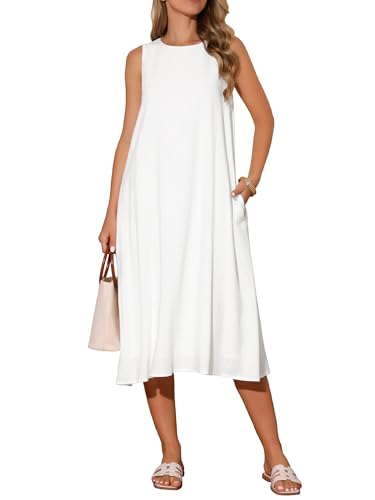 Seta T Damen Ärmellos Leinenkleid Rundhalsausschnitt Lockere Passform Taschen Lässig Tank Sommer Kleid Weiß S von Seta T