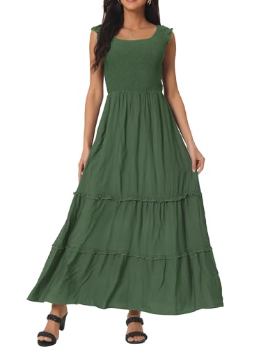 Seta T Damen Ärmellos Sommerkleid U-Ausschnitt Rüschen Gestuft Lässig Maxikleid Taschen Kleid Armeegrün L von Seta T