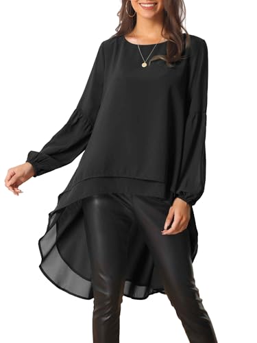 Seta T Damen Bluse Laternenärmeln Rundhalsausschnitt Unregelmäßigem Saum Lässig Hoch Niedrig Tops Schwarz S von Seta T