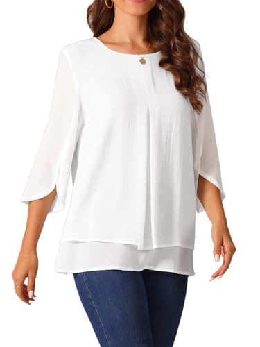 Seta T Damen Casual Rundhals 3/4 Ärmel Doppellagiges Hemd Chiffon Bluse Tops Weiß L von Seta T
