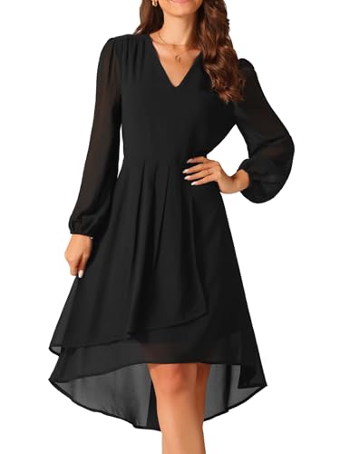 Seta T Damen Chiffon Kleid V-Ausschnitt Langarm Plisseekleid Asymmetrisch Saum Midi Hochzeitsgastkleid Schwarz L von Seta T