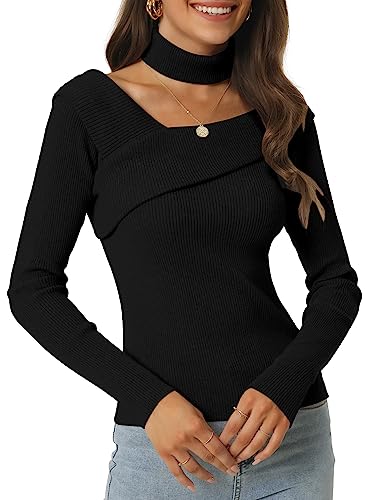 Seta T Damen Chocker Langarm Oberteil V-Ausschnitt Slim Fit One Shoulder Pullover Top Schwarz M von Seta T