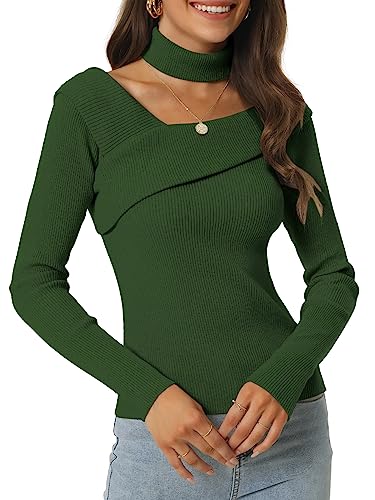 Seta T Damen Chocker Langarm Oberteil V-Ausschnitt Slim Fit One Shoulder Pullover Top Armeegrün XL von Seta T