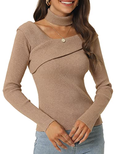 Seta T Damen Chocker Langarm Oberteil V-Ausschnitt Slim Fit One Shoulder Pullover Top Khaki L von Seta T