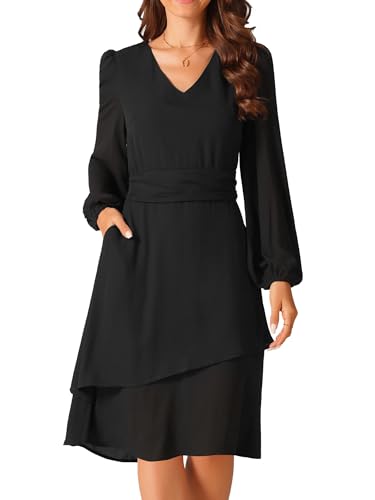 Seta T Damen Einfarbig Kleid V-Ausschnitt Langarmkleid Hohe Taille Swing Tasche Freizeitkleid Schwarz M von Seta T