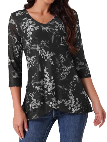 Seta T Damen Elegant Lässig Bluse 3/4-Ärmeln Blumenmuster Unregelmäßiger Saum V-Ausschnitt Netzhemd Tunika Oberteile Schwarz XL von Seta T