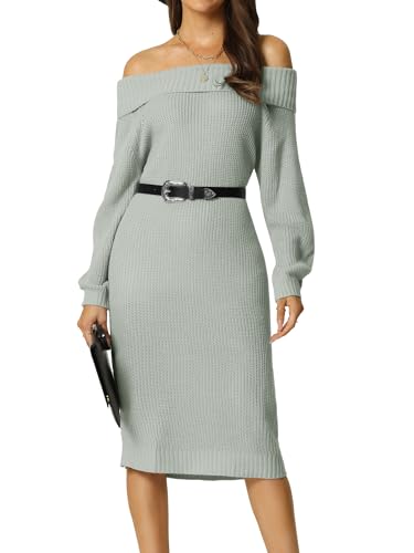 Seta T Damen Frühling Herbst Shulterfrei Langarm Rippstrick Midi Pullover Kleid Grau L von Seta T