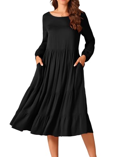 Seta T Damen Herbst Casual Maxikleid Rundhalsausschnitt Fließend Stufenkleid Boho Lang Taschen Kleid Schwarz L von Seta T