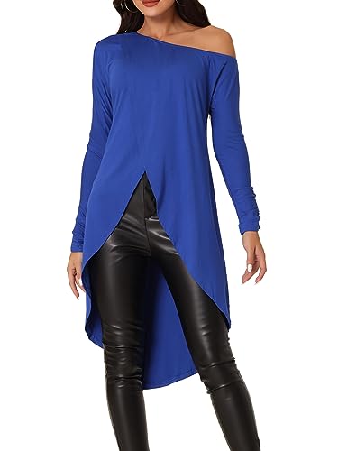 Seta T Damen Hoch Niedrig Tops Shulterfrei Vorderseite Split Langarm Unregelmäßiger Saum Lässig Bluse Hemdkleid Blau L von Seta T