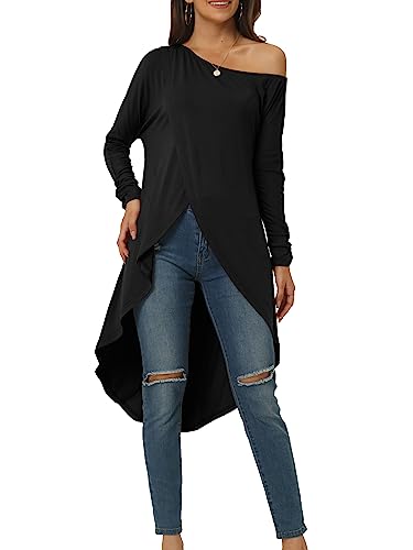 Seta T Damen Hoch Niedrig Tops Shulterfrei Vorderseite Split Langarm Unregelmäßiger Saum Lässig Bluse Hemdkleid Schwarz M von Seta T